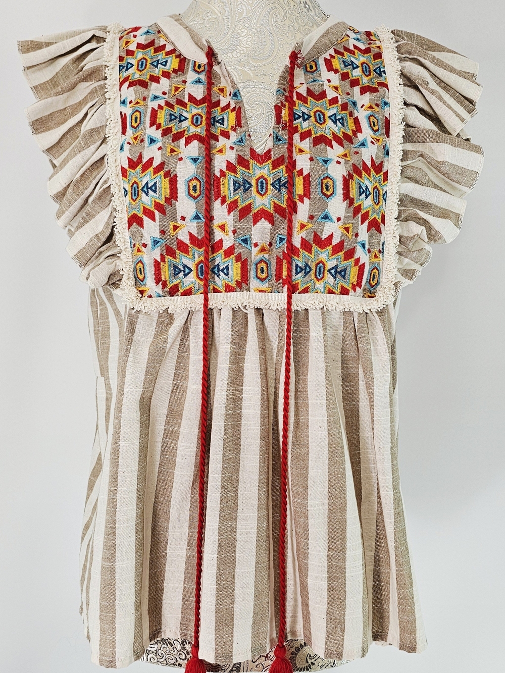 Savanna Jane Beige & Multicolor Embroidered Stripe Peasant Top